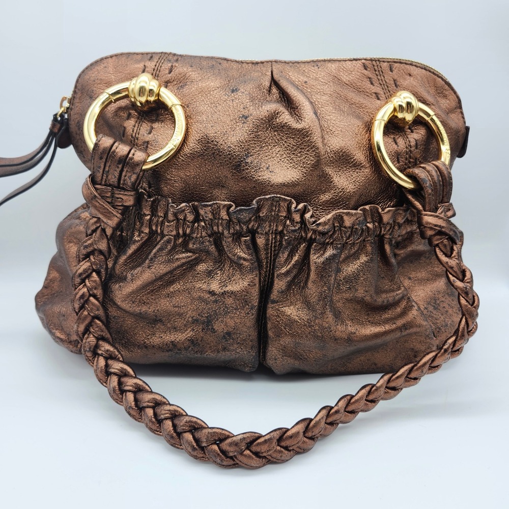 B Makowsky Metallic Bronze Leather Braided Handle Satchel Bag Purse Boho Y2K